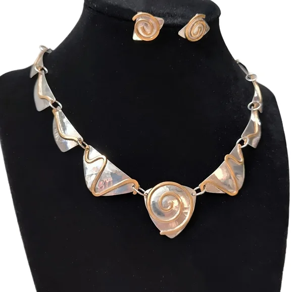 Vintage Sterling Silver Bronze Swirl Hand wrought Modernist Necklace Earring Set - Picture 3 of 15